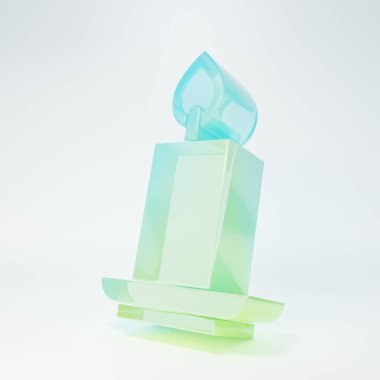 Frosted glass Burning candle icon isolated on white background. Cylindrical candle stick with burning flame. Minimalism concept. 3D render illustration.