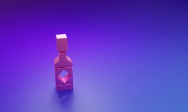 Mor-mavi arkaplanda izole edilmiş pembe Tabasco sos ikonu. Kırmızı biberli baharatlı biber sosu. Minimalizm kavramı. 3 Boyutlu resimleme.