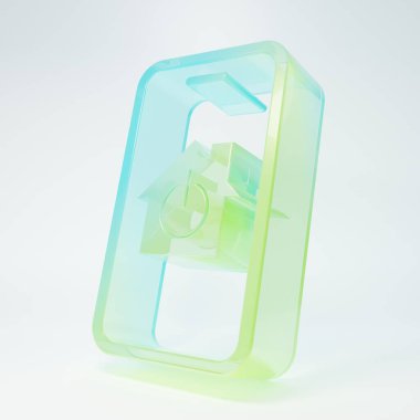 Frosted glass Mobile phone with smart home icon isolated on white background. Remote control. Minimalism concept. 3D render illustration.