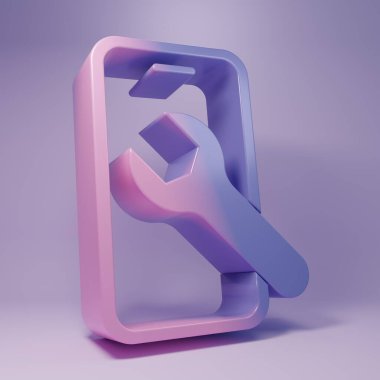 Mor arka planda İngiliz anahtarı simgesi olan mor cep telefonu. Ayarlama, servis, ayar, bakım, onarım. Minimalizm kavramı. 3 Boyutlu resimleme.