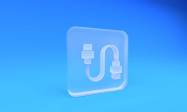 Buzlu cam USB kablo ikonu mavi arka planda izole edildi. PC ve mobil cihazlar için bağlantı ve soketler. Kare buzlu cam düğme. 3 Boyutlu resimleme.