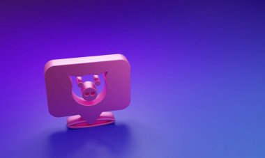 Mor-mavi arkaplanda izole edilmiş pembe domuz simgesi. Hayvan sembolü. Minimalizm kavramı. 3 Boyutlu resimleme.