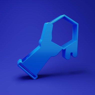 Blue Honeycomb and hand icon isolated on blue background. Honey cells symbol. Sweet natural food. Minimalism concept. 3D render illustration.