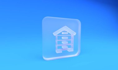 Mavi arka planda izole edilmiş arı ikonu için buzlu cam kovan. Arı kovanı sembolü. Apiary ve arı yetiştiriciliği. Tatlı doğal yemek. Kare buzlu cam düğme. 3 Boyutlu resimleme.