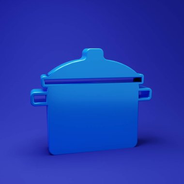 Mavi tencere ikonu mavi arkaplanda izole edilmiş. Haşlama ya da güveç besin sembolü. Minimalizm kavramı. 3 Boyutlu resimleme.