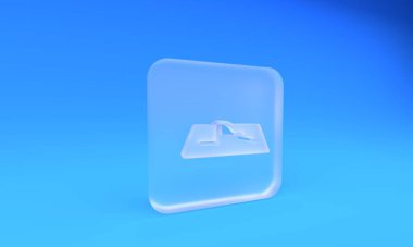 Frosted glass Muslim man prays on the carpet icon isolated on blue background. Square frosted glass button. 3D render illustration.