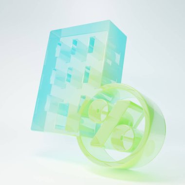 Frosted glass House with percant discount tag icon isolated on white background. Real estate home. Credit percentage symbol. Minimalism concept. 3D render illustration.