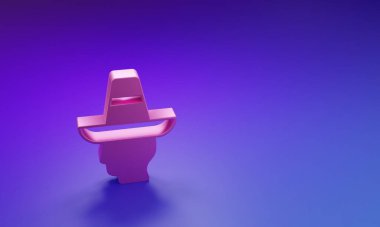 Mor-mavi arka planda izole edilmiş sombrero ikonu giyen pembe Meksikalı adam. Bıyıklı İspanyol adam. Minimalizm kavramı. 3 Boyutlu resimleme.