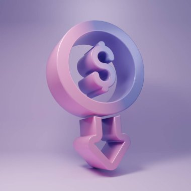 Purple Dollar rate decrease icon isolated on purple background. Cost reduction. Money symbol with down arrow. Business lost crisis decrease. Minimalism concept. 3D render illustration.