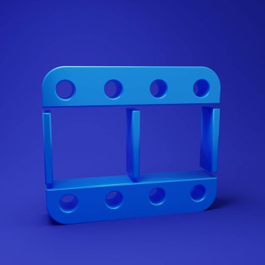 Mavi Oyun video simgesi mavi arkaplanda izole edildi. Film şeridi tabelası. Minimalizm kavramı. 3 Boyutlu resimleme.