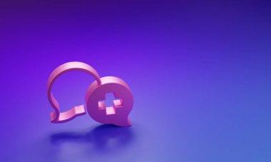 Mor-mavi arka planda izole edilmiş doktor simgesiyle pembe diyalog. Doktor ve hasta diyaloğu. Sağlık hizmetleri hakkında danışmanlık. Minimalizm kavramı. 3 Boyutlu resimleme.