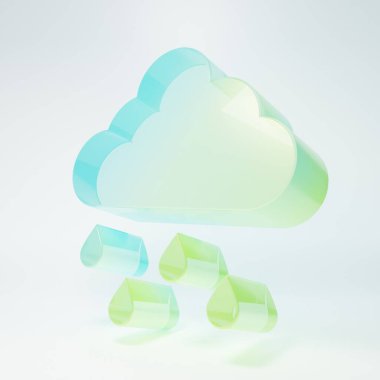 Beyaz arka planda izole edilmiş yağmur ikonlu buzlu cam bulut. Yağmur damlaları ile yağmur bulutu yağışı. Minimalizm kavramı. 3 Boyutlu resimleme.