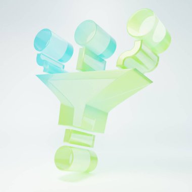 Beyaz zemin üzerinde izole edilmiş buzlu cam huni ya da filtre simgesi. Minimalizm kavramı. 3 Boyutlu resimleme.