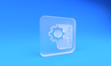 Donmuş cam sinirsel ağ simgesi mavi arkaplanda izole edildi. Yapay zeka yapay zekası. Kare buzlu cam düğme. 3 Boyutlu resimleme.