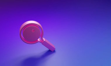 Mor-mavi arka planda izole edilmiş pembe büyüteç simgesi. Arama, odaklanma, yakınlaştırma, iş sembolü. Minimalizm kavramı. 3 Boyutlu resimleme.