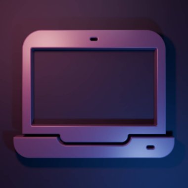 Mor dizüstü bilgisayar simgesi mor-mavi arkaplanda izole edildi. Boş ekran işaretli bilgisayar defteri. Minimalizm kavramı. 3 Boyutlu resimleme.