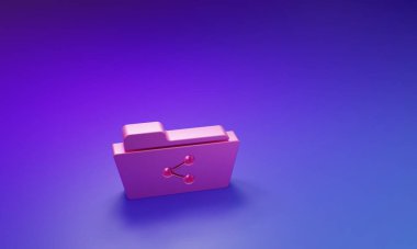 Pink Share folder icon isolated on purple-blue background. Folder sharing. Folder transfer sign. Minimalism concept. 3D render illustration.