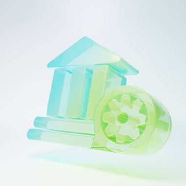 Frosted glass Bank building and gear icon isolated on white background. Adjusting app, service concept, setting options, maintenance, repair, fixing. Minimalism concept. 3D render illustration.