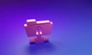 Pink FTP folder and lock icon isolated on purple-blue background. Concept of software update, ftp transfer protocol. Security, safety, protection concept. Minimalism concept. 3D render illustration.