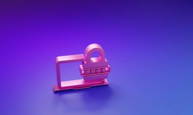 Pink Laptop with password notification and lock icon isolated on purple-blue background. Security, personal access, user authorization, login form. Minimalism concept. 3D render illustration.