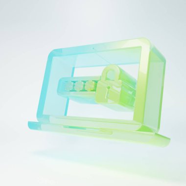 Frosted glass Laptop with password notification and lock icon isolated on white background. Security, personal access, user authorization, login form. Minimalism concept. 3D render illustration.