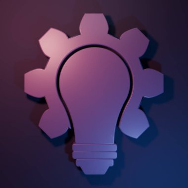 Mor ışıklı ampul ve dişli ikonu mor-mavi arkaplanda izole edilmiş. Yenilik kavramı. İş fikri. Minimalizm kavramı. 3 Boyutlu resimleme.