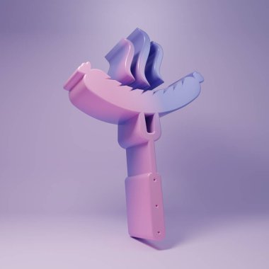 Çatalın üzerinde mor arkaplanda izole edilmiş buhar ikonu olan mor sosis. Izgara sosis ve aroma işareti. Minimalizm kavramı. 3 Boyutlu resimleme.