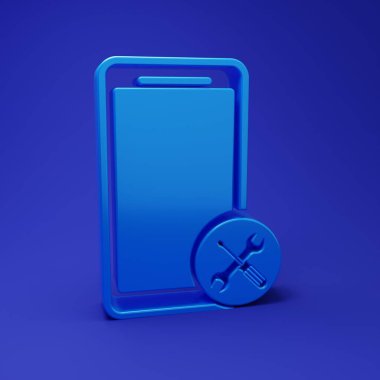 Blue Smartphone with screwdriver and wrench icon isolated on blue background. Adjusting, service, setting, maintenance, repair, fixing. Minimalism concept. 3D render illustration.