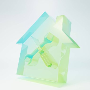 Buzlu cam ev ya da beyaz arka planda izole edilmiş tornavida ve anahtar ikonu olan ev. Ayarlama, servis, ayar, bakım, onarım, onarım. Minimalizm kavramı. 3 Boyutlu resimleme.