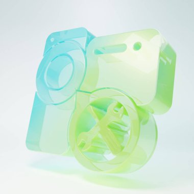 Frosted glass Video camera with screwdriver and wrench icon isolated on white background. Adjusting, service, setting, maintenance, repair, fixing. Minimalism concept. 3D render illustration.