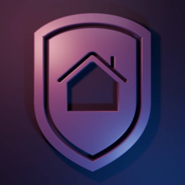 Mor Ev, mor-mavi arka planda izole edilmiş koruma ikonu altında. Ev ve kalkan. Koruma, güvenlik, güvenlik, koruma, savunma konsepti. Minimalizm kavramı. 3 Boyutlu resimleme.