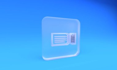 Buzlu cam bilet ikonu mavi arka planda izole edildi. Kare buzlu cam düğme. 3 Boyutlu resimleme.