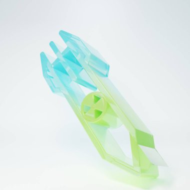 Beyaz zemin üzerinde izole edilmiş buzlu cam nükleer roket ikonu. Roket bombası düşüyor. Minimalizm kavramı. 3 Boyutlu resimleme.