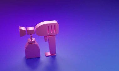 Mor-mavi arka planda izole edilmiş pembe boya sprey tabancası ikonu. Minimalizm kavramı. 3 Boyutlu resimleme.