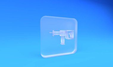 Buzlu cam elektrikli döner çekiç matkap ikonu mavi arka planda izole edilmiş. İnşaat, onarım ve onarım için kullanılan bir alet. Kare buzlu cam düğme. 3 Boyutlu resimleme.