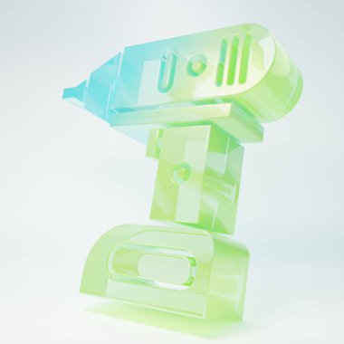 Frosted glass Electric cordless screwdriver icon isolated on white background. Electric drill machine. Repair tool. Minimalism concept. 3D render illustration.