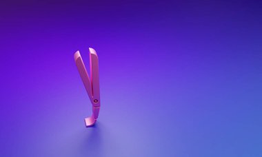 Mor-mavi arka planda izole edilmiş saç ikonu için pembe saç maşası. Saç düzleştirici ikonu. Minimalizm kavramı. 3 Boyutlu resimleme.