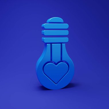 Mavi arkaplanda izole edilmiş bir ampul ikonunda mavi kalp şekli. Aşk sembolü. Sevgililer Günü sembolü. Minimalizm kavramı. 3 Boyutlu resimleme.