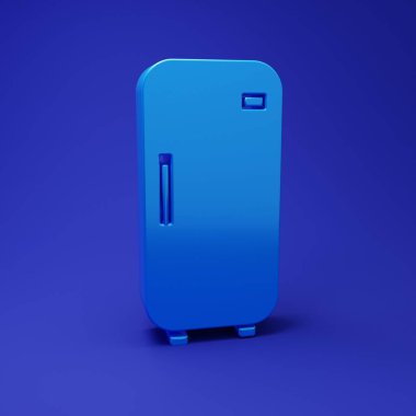 Mavi buzdolabı simgesi mavi arkaplanda izole edildi. Buzdolabı buzdolabı. Ev aletleri ve aletler. Minimalizm kavramı. 3 Boyutlu resimleme.