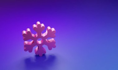 Mor-mavi arkaplanda izole edilmiş pembe kar tanesi simgesi. Minimalizm kavramı. 3 Boyutlu resimleme.