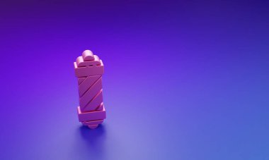 Mor-mavi arka planda izole edilmiş pembe klasik berber dükkânı ikonu. Berber dükkanı direği sembolü. Minimalizm kavramı. 3 Boyutlu resimleme.