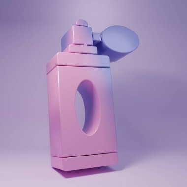 Purple Aftershave bottle with atomizer icon isolated on purple background. Cologne spray icon. Male perfume bottle. Minimalism concept. 3D render illustration.