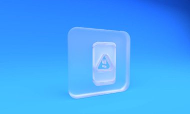 Mavi zemin üzerinde ünlem işareti simgesi olan buzlu cam cep telefonu. Uyarı mesajı akıllı telefon uyarısı. Kare buzlu cam düğme. 3 Boyutlu resimleme.