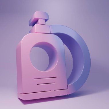 Purple Dishwashing liquid bottle and plate icon isolated on purple background. Liquid detergent for washing dishes. Minimalism concept. 3D render illustration.
