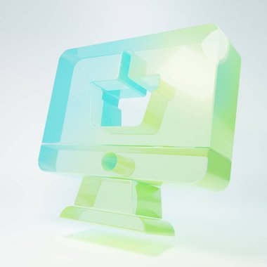 Frosted glass Computer monitor with shopping basket icon isolated on white background. Online Shopping cart. Supermarket basket symbol. Minimalism concept. 3D render illustration.