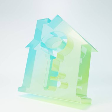 Beyaz arka planda kilit simgesi olan buzlu cam ev. Ev anahtarının konsepti. Minimalizm kavramı. 3 Boyutlu resimleme.