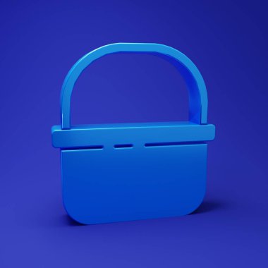Mavi Basket simgesi mavi arkaplanda izole edildi. İnternetten satın alma konsepti. Servis tabelası. Alışveriş arabası sembolü. Minimalizm kavramı. 3 Boyutlu resimleme.