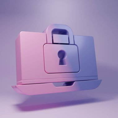 Purple Laptop and lock icon isolated on purple background. Computer and padlock. Security, safety, protection concept. Safe internetwork. Minimalism concept. 3D render illustration.