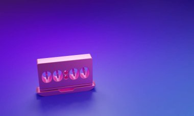 Pink Clock on laptop screen icon isolated on purple-blue background. Schedule concepts. Minimalism concept. 3D render illustration.
