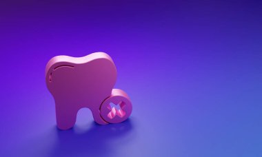 Pink Tooth with caries icon isolated on purple-blue background. Tooth decay. Minimalism concept. 3D render illustration.